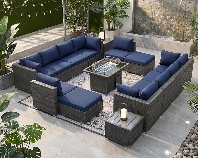 NICESOUL 15 Piece Outdoor Sectional with Fire Pit Table, Modern Luxury Patio Deep Seating w/Firepit, 29.3'' High-Back Wicker Couch Thick, Big High-Weight Capacity Sofa for Terrace, Yard, Gray & Blue