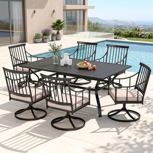 PHI VILLA Patio Dining Set, Swivel Chairs, Steel Table | Metal chairs, Umbrella Hole, Cushions, E-coated, powder-coated, for Patio, Deck, Yard, Porch