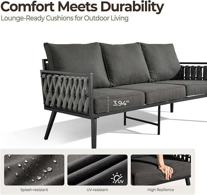 Outdoor Patio Furniture Set, 6-Piece Metal Conversation Furniture Sofa with Coffee Table, All Weather Patio Couch Sofa with Thick Cushions for Balcony Backyard,Black