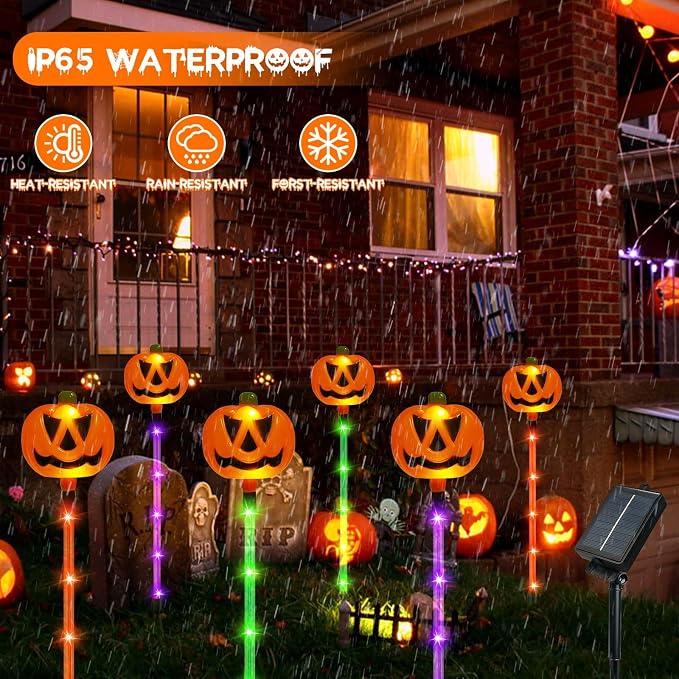 6 Pack Solar Pumpkin Lights Outdoor Waterproof for Halloween Decorations | 8 Modes Halloween Pathway Solar Lights, Orange Purple and Green, for Yard Garden Patio Holiday Party Decor