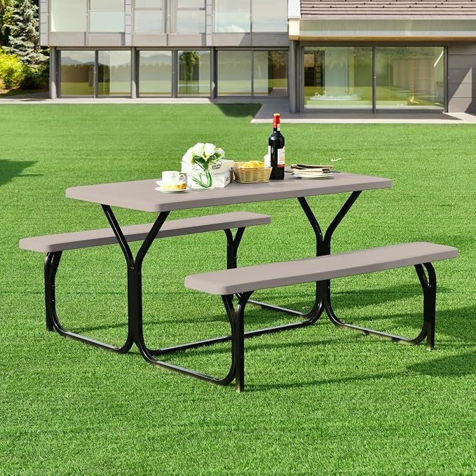 ORALNER Picnic Table, Plastic Dining Table & 2 Benches Set, Weather Resistant Wood Grain Resin Tabletop & Steel Frame, Picnic Tables for Outdoors, Porch Yard Patio Lawn Party Camping (Light Brown)