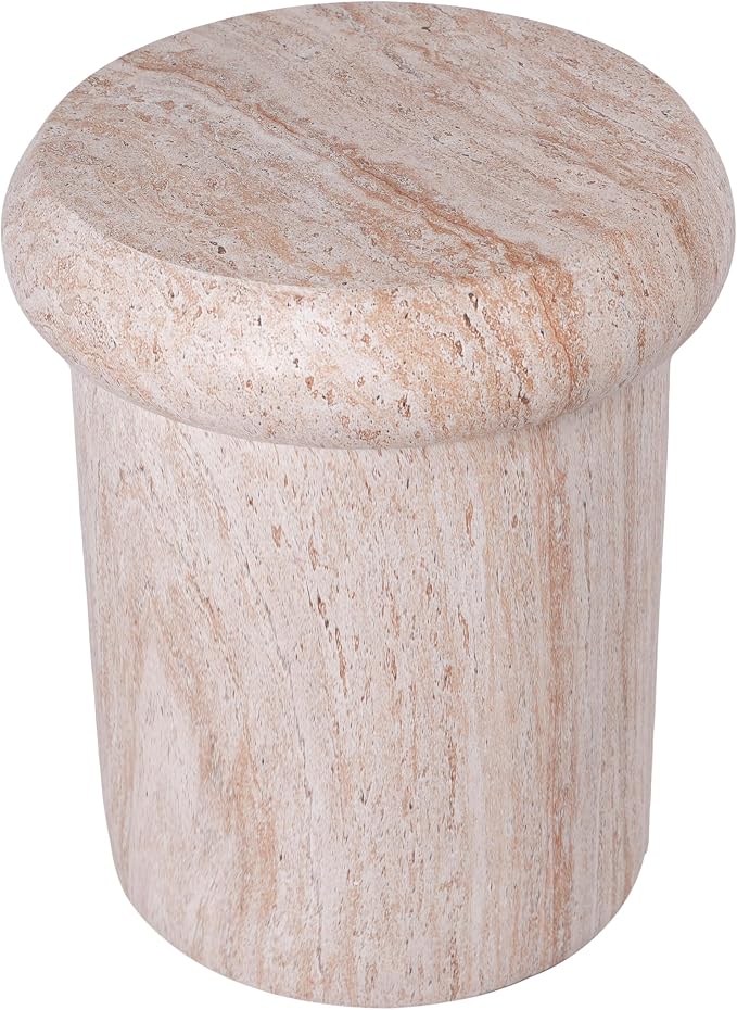 Merax 18.11" H Sculptural MGO Side Table, Modern Round End Table with Faux Marble&Travertine Finish, Indoor/Outdoor Versatile Pedestal Stool, Beige Marble