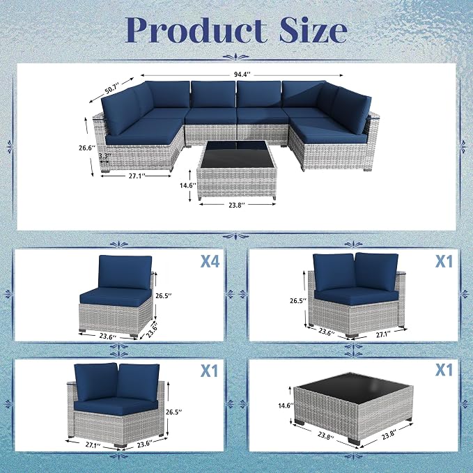 KIGOTY Patio Furniture Set,7 Pieces Modular Outdoor Sectional Sofa, PE Rattan Patio Conversation Set, All Weather Wicker Patio Furniture with Cushions and Coffee Table（Grey White/Dark Blue）