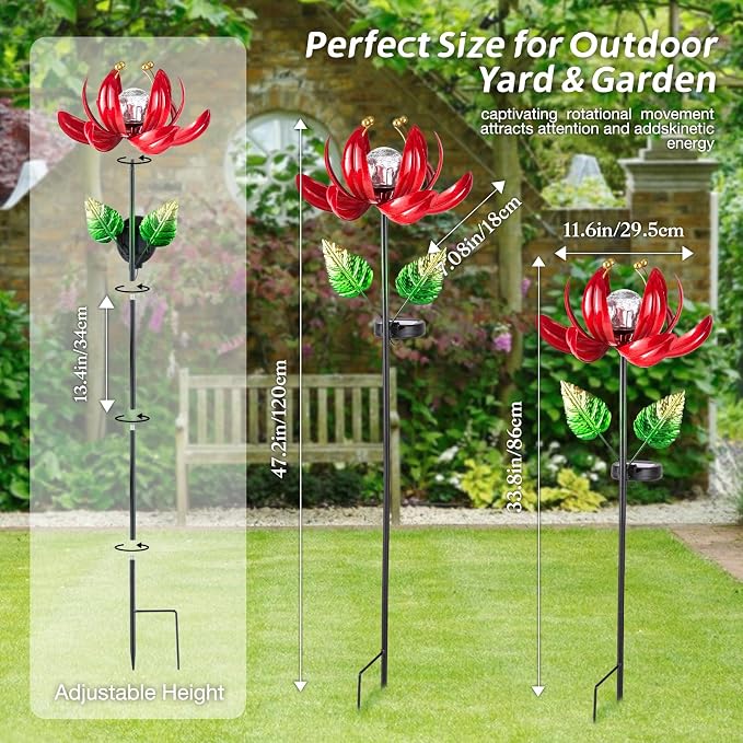 AIINY Solar Lights Outdoor Garden Decor, Solar Wind Spinner Yard Decorations Gifts for Outside, Lotus Windmill Pathway with LED Cracked Crystal Ball Waterproof Flower Sculpture for Patio Lawn