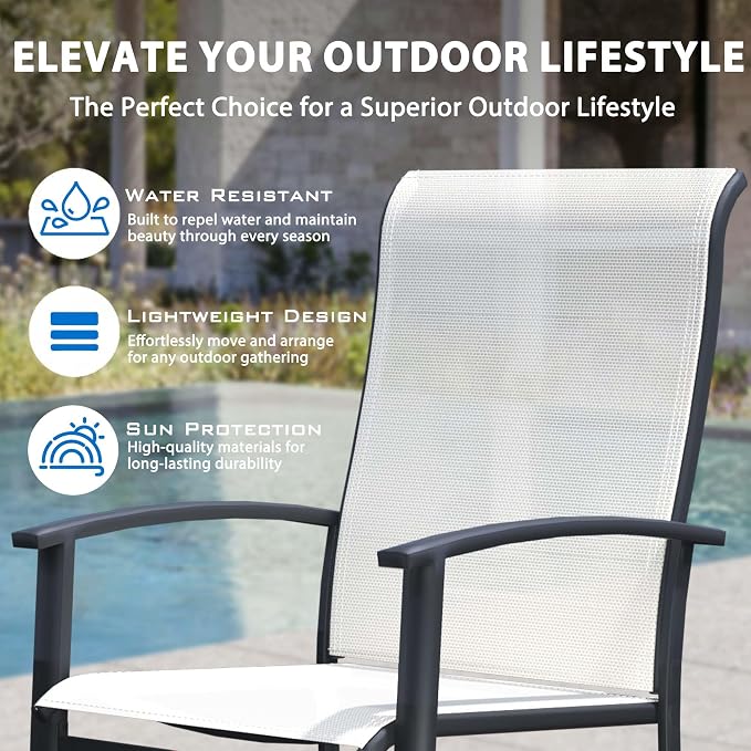 9-Piece Outdoor Dining Set for 8 – 60" Black Round Patio Table with Umbrella Hole & 8 White Outdoor Dining Chairs with Armrests, Large Poolside Furniture