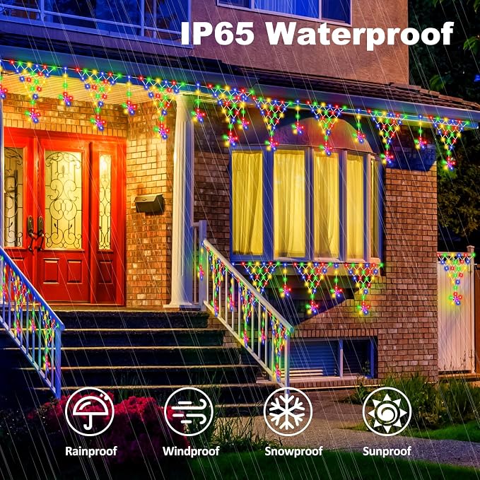 Christmas Icicle Lights, Outdoor Christmas Lights, 13.8FT 218 LED 8 Modes Curtain String Light, Plug-in LED Fairy Light for Wedding, Party, Indoor, Christmas Decoration - Multicolored
