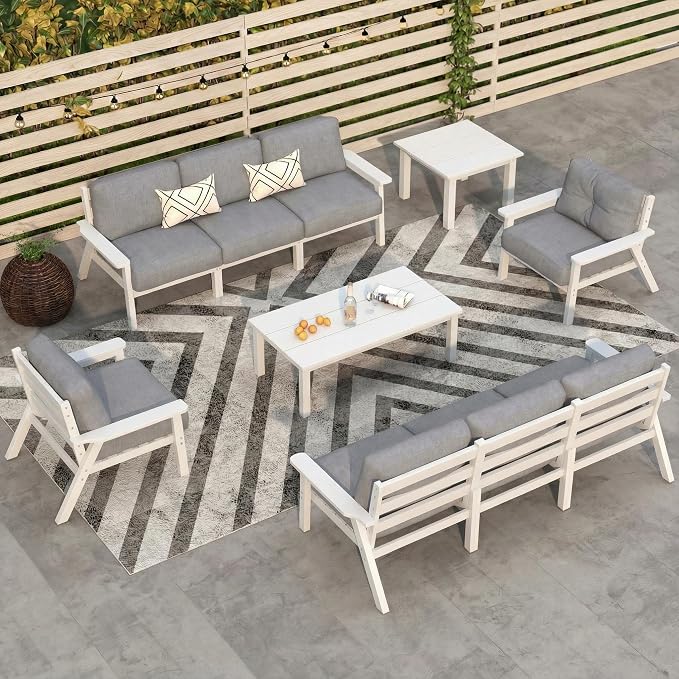 10 Piece Outdoor Patio Furniture Set, Outdoor Couch with Washable Thick Gray Cushions, Coffee Table & Side Table, Patio Conversation Sets for Lawn, Garden, Porch, Balcony (White Frame)