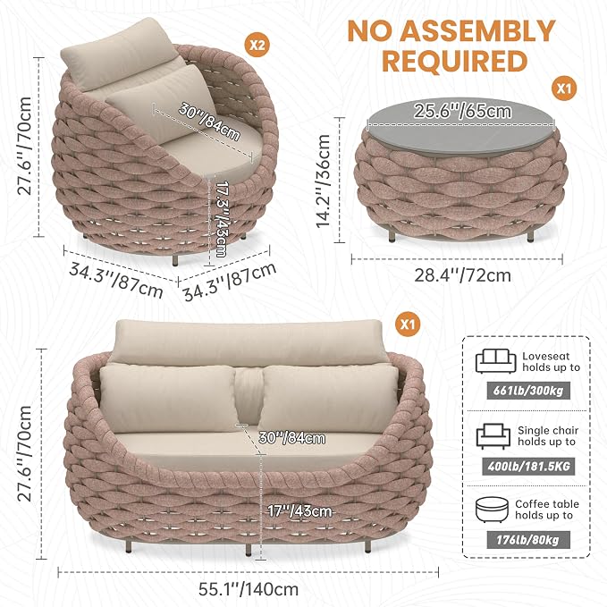 4 Piece Aluminum Patio Furniture: Hand Woven Rope Sofa - Modern Outdoor Sofa Seating with Cushion - All Weather Patio Set for Deck, Yard, Garden, Poolside, Hotel - Terracotta