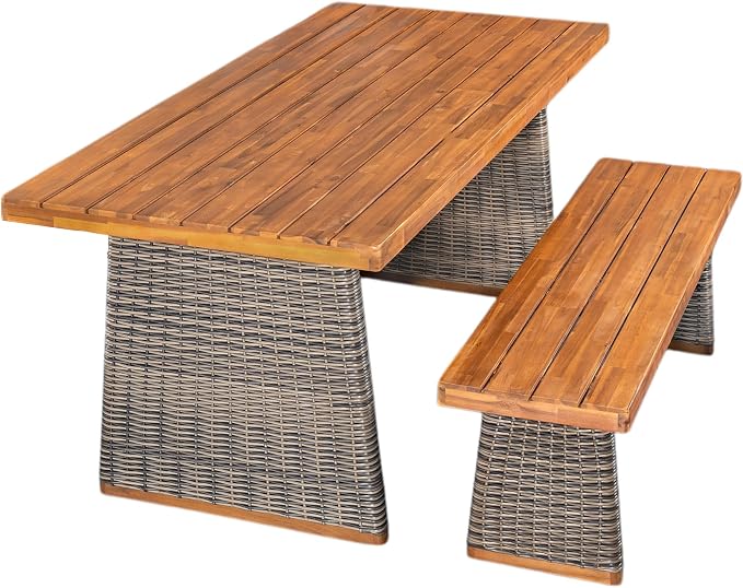 Merax 2-Piece Outdoor Dining Set Acacia Wood, 1 Table + 1 Bench, Slatted Design Tabletop & Woven Rattan Legs, Weather-Resistant Rectangle Patio Dining Set, Grey