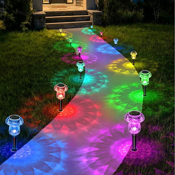 16 Pack Solar Lights Outdoor Color Changing Mushroom Garden Lights | Waterproof Pathway Yard Walkway Landscape Path Lighting for Outside, Auto On/Off Decorations, Acrylic Diamond-like Lampshade
