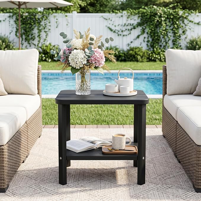 Side Table, Premium & Durable Outdoor Side Table, Resin Patio Side Table with Waterproof Design for Patio, Backyard, Pool, Porch Black(Two-piece Set)
