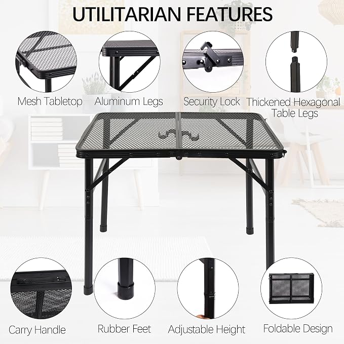 Small Folding Table for Camping Picnic Grill,Garden BBQ Side Table-Portable Lightweight,Compact,Height Adjustable Patio Outdoor Table with Carry Bag