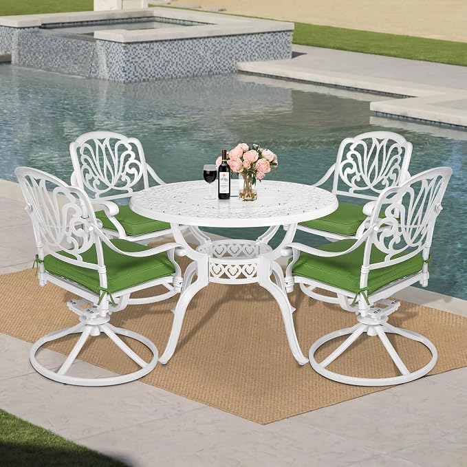 MEETWARM 5-Piece Outdoor Patio Dining Set, All-Weather Cast Aluminum Patio Conversation Set for Backyard Garden Deck with 4 Cushions Swivel Rocker Chairs and 38.5" Round Table, White
