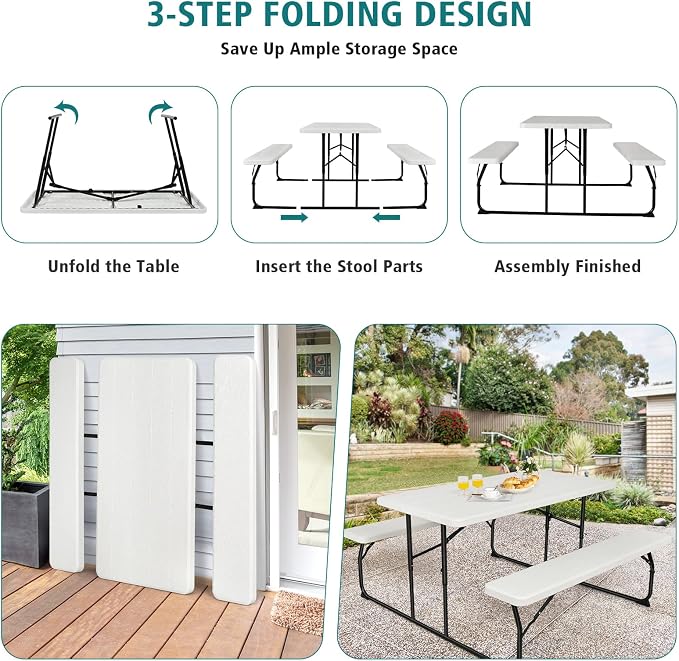 Giantex 4.5 FT Folding Picnic Table Bench Set- Outdoor Dining Set for 4-6 Persons w/All-Weather HDPE Tabletop, Metal Leg, Large Outside Dining Table for Lawn Patio Garden Yard Poolside, White