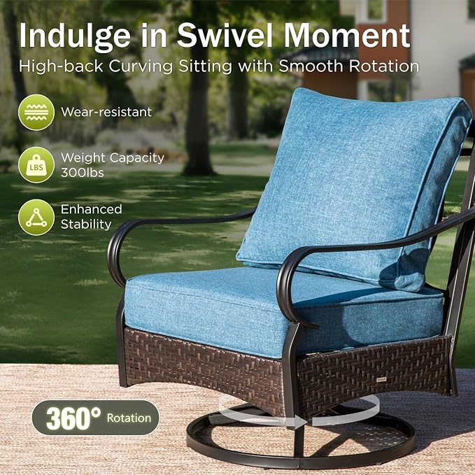 PHI VILLA Patio Furniture Set, Extra Large Wicker & Metal Outdoor Conversation Set Patio Sectional Sofa Set with Swivel Chair & Waterproof Thick Cushions for Porch, Poolside, Deck(7 Pieces, Navy)
