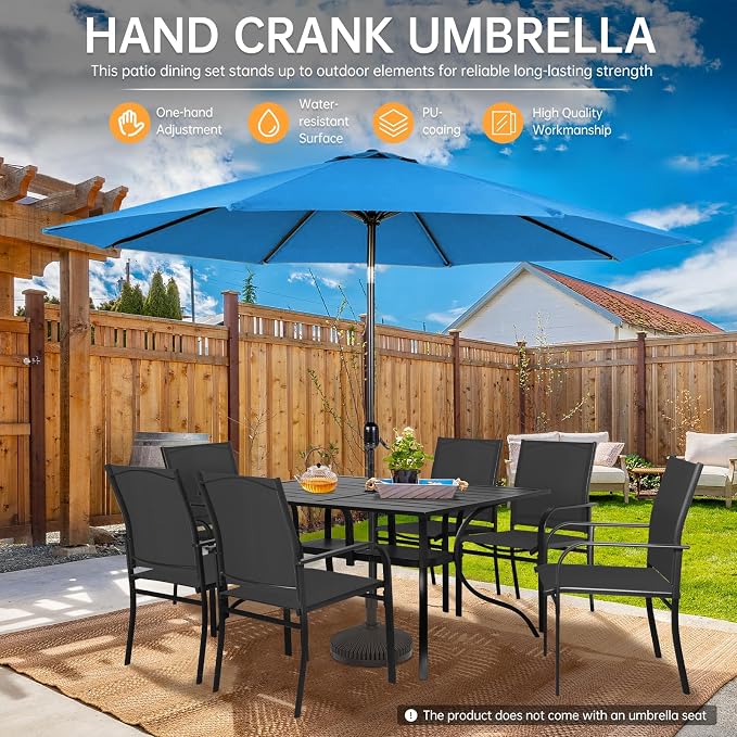 SUNCROWN 8 - Piece Outdoor Dining Set, Patio Furniture Set with 6 Textilene Dinning Chairs, 1 Rectangle Metal Table and 1 Sky Blue 9Ft Patio Umbrella for Lawn Garden Backyard Deck, Black