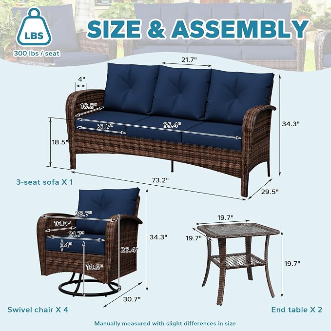 7 Pieces Patio Set, 73" PE Rattan Sofa, Coffee Table, Wicker Swivel Glider Chairs, Outdoor Conversation Furniture with Removble Cushion, Loveseat Couch for Porch, Sunroom (Navy Blue)