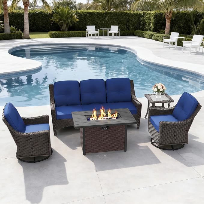 5-Piece Patio Furniture Set, Featuring a fire Pit Table, Rattan Swivel Chairs, Patio Sofa, and Side Table. Ideal for backyards, patios, and Poolside Areas.
