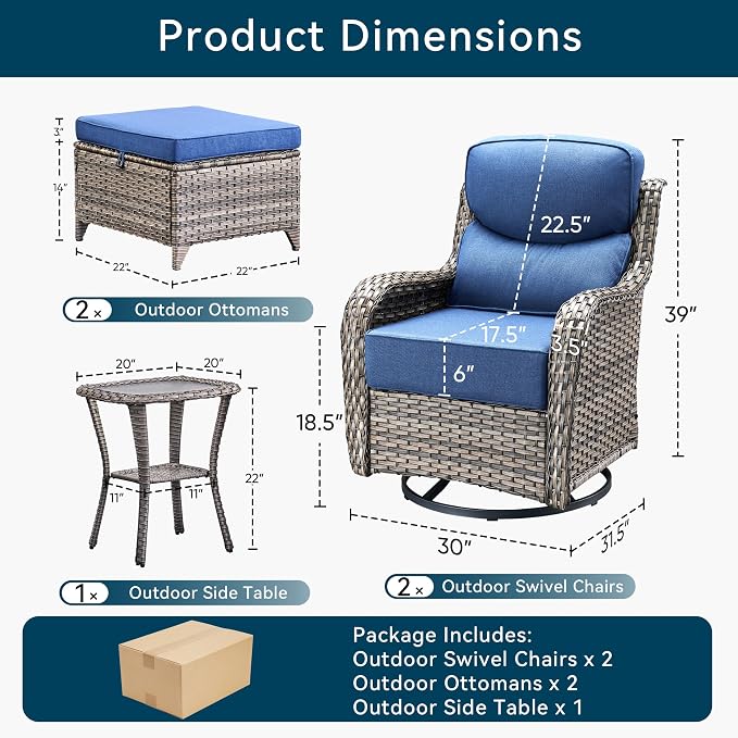 Luxury High Back Outdoor Furniture with 6-Inch Thick Cushions, Patio Furniture Set with Ottomans, 5 PCS Wicker Conversation Set for Porch, Balcony, Deck and Yard