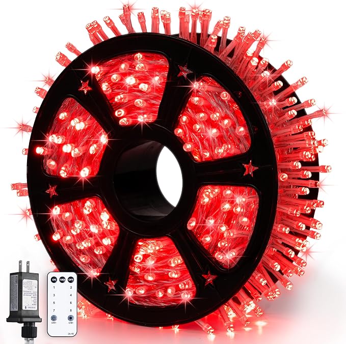 JMEXSUSS Red Christmas Lights Outdoor, 600 LED String Lights Indoor Plug in | 168Ft Red Halloween Lights Clear Wire with Remote for Bedroom Room Party Christmas Patio Living Room Halloween Decor