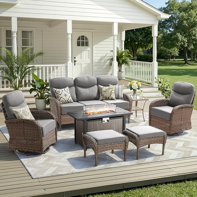 Luxury Patio Furniture Set with 42.5" Fire Pit Table, 6-Inch Thick Cushions Wicker Outdoor Furniture with Wicker Swivel Patio Chairs Set of 2, Patio Conversation Set for Deck Garden Porch, Gray