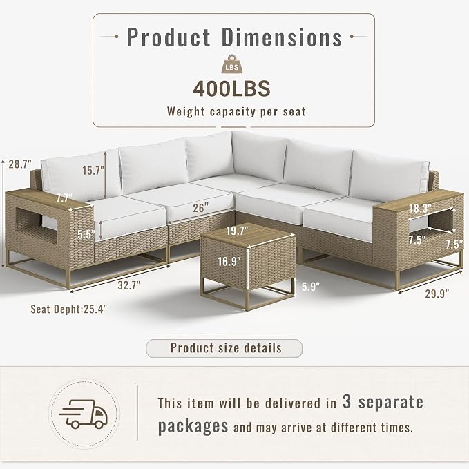 6-Piece Outdoor Patio Furniture Set, Modern PE Wicker Outdoor Sectional Sofa with Storage Armrests & 5.5" Thick Cushions, L-Shaped Couch for Deck, Porch, Backyard, Ivory White