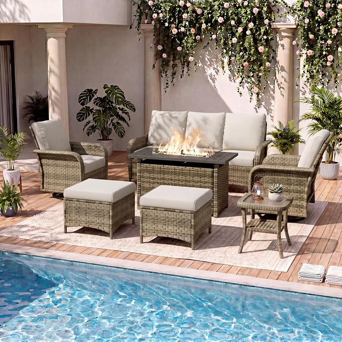 LazySunsets 9 Piece Outdoor Patio Furniture Set with 44'' Fire Pit Table, Wicker Rattan Outdoor Furniture with High Back Swivel Rocker Chairs, Outdoor Sofa Set with Thick Cushions & Ottoman, Grey