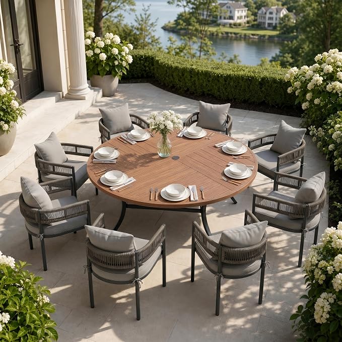 VICLLAX Patio Dining Set, 63.1" Walnut Table & 6 Chairs with Grey Cushion | Outdoor Table and Chairs Set of Round Metal Patio Table, Outdoor Dining Chairs with Metal Frame, Garden Deck Porch