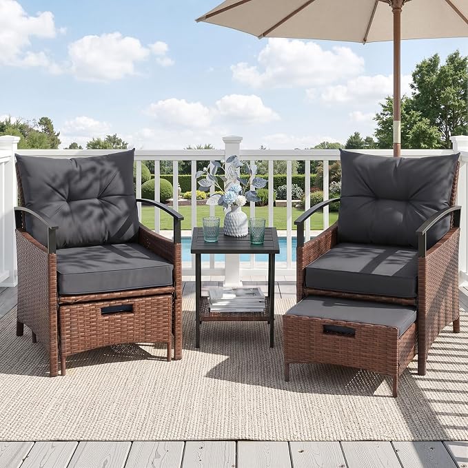 AVAWING 5 Pieces Wicker Patio Conversation Set, Outdoor Rattan Chairs with Ottoman, Metal Coffee Table, & Cushions, Outside Furniture Sets for Garden, Deck, Backyard, Poolside(Dark Grey)