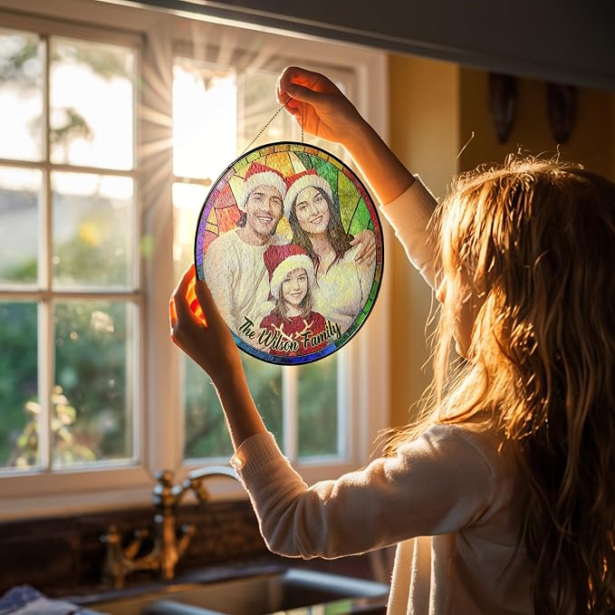 Personalized Stained Glass Christmas Suncatcher – Custom Family Photo Window Decor – First from Mom and Dad – Holiday Ornament Keepsake for Family