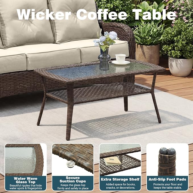 Luxury Patio Conversation Set, 12-Piece Ergonomic High Back Wicker Sofa&Swivel Chair Set with 6-Inch Deep Seating Cushions, Large Patio Furniture Set for Garden, Deck & Balcony, Beige