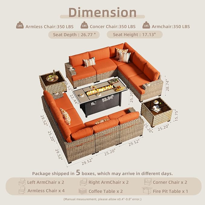 CAODOC Outdoor Sectional Patio Furniture Set with Fire Pit Table,13 Pieces Wicker Conversation Sets L Shaped Couch,Extra Deep Out Door Sofa Outside Furniture, Red