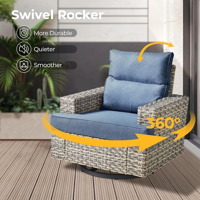 HOOOWOOO Sectional Patio Furniture Set With Fire Pit Table,10 Pieces Wicker Outdoor Furniture L Shaped Couch,Outside Conversation Set Extra Deep Seat Sofa Wide Arm Swivel Chairs Solar Table,Denim Blue