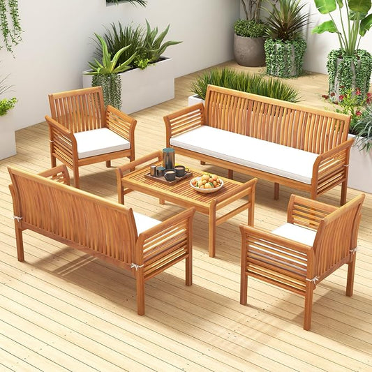Tangkula 5 Pieces Acacia Wood Patio Furniture Set, Wood Outdoor Conversation Set with 3-Seat Bench, Loveseat, 2 Armchairs & Coffee Table, Cushioned Outdoor Sofa Set for Poolside, Porch, Balcony