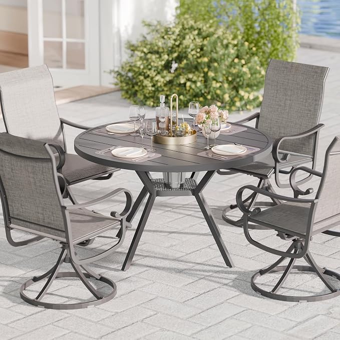 Betterhood 42” Outdoor Patio Table, Metal Patio Dining Table for All Weather, Round Outdoor Coffee Table, Patio Table with Adjustable Umbrella Hole or Garden, Backyard and Porch