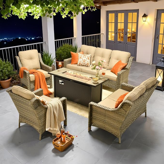 Outdoor Patio Furniture Sets, 5 PCS Patio Conversation Set Outside Rattan Sofa with 54 in Fire Pit Table Comfy Cushions Fit Backyard Porch Garden Poolside Balcony,Beige