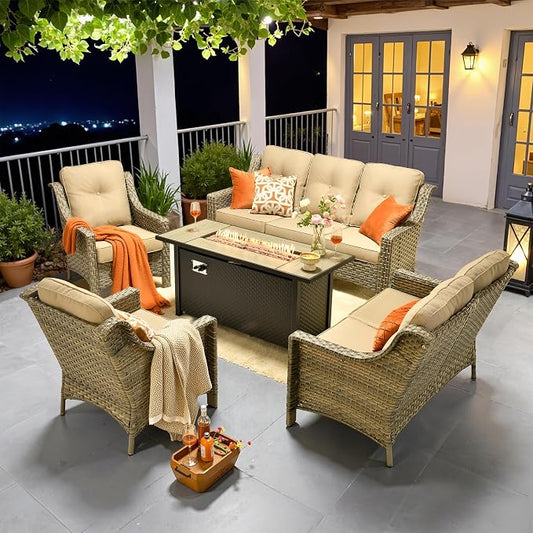Outdoor Patio Furniture Sets, 5 PCS Patio Conversation Set Outside Rattan Sofa with 54 in Fire Pit Table Comfy Cushions Fit Backyard Porch Garden Poolside Balcony,Beige