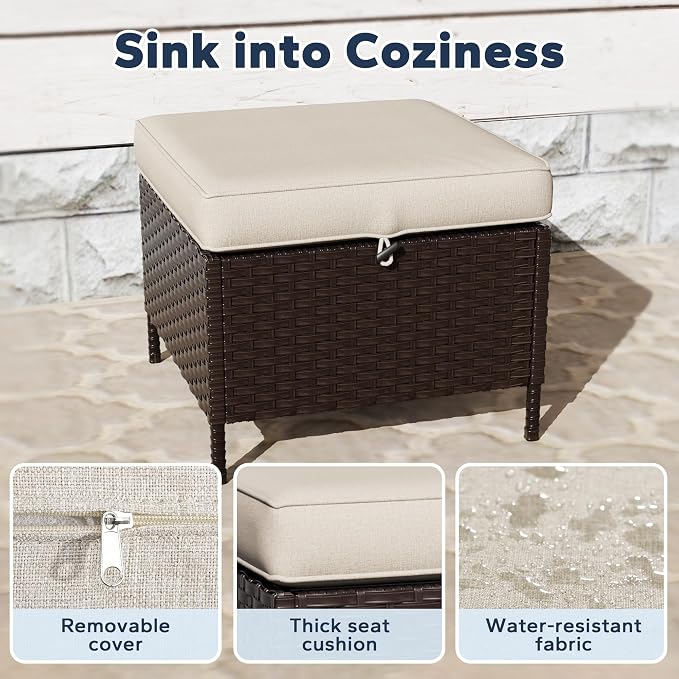 Patio Sectional Couch Set | 55" 2-seat Patio Sofa with 2 Ottomans, Outside Wicker Sofa with Removable Cushions for Bistro, Deck Outdoor Conversation Furniture Set (Beige)