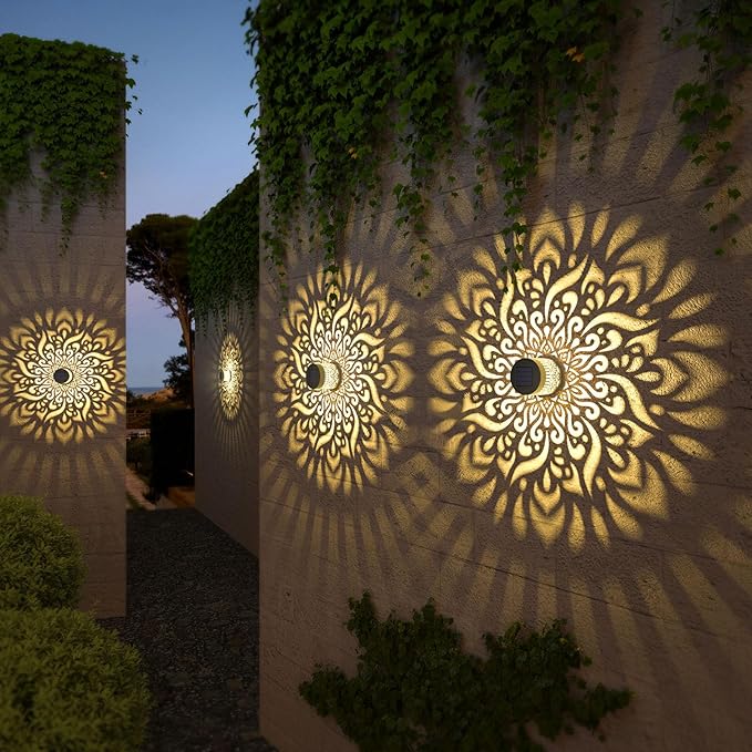 gardencave 4 Pack Solar Fence Lights Metal Solar Powered Outdoor Wall Deck Step Lights Mandala Theme Waterproof Fence Light for Garden Post Patio Backyard Decor (4 Pack)