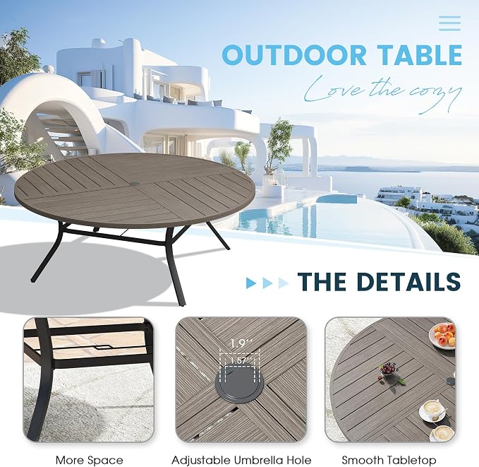 Patio Dining Table for 8-10, Round Metal Outdoor Table with Storage Shelf, 1.57" Umbrella Hole, 63" Outdoor Quartered Tabletop Dining Table for Backyard, Porch, Lawn, Grey