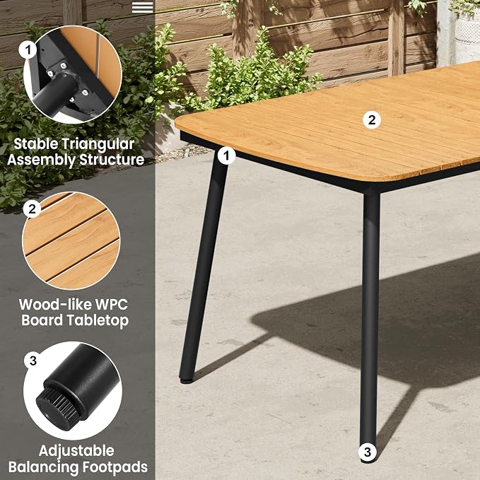 70" Outdoor Dining Table for 6, Brown Patio Table | 1.6" Umbrella Hole Rectangle Table with Aluminum Frame and Waterproof Wood Grain Tabletop for Lawn Backyard Garden Poolside