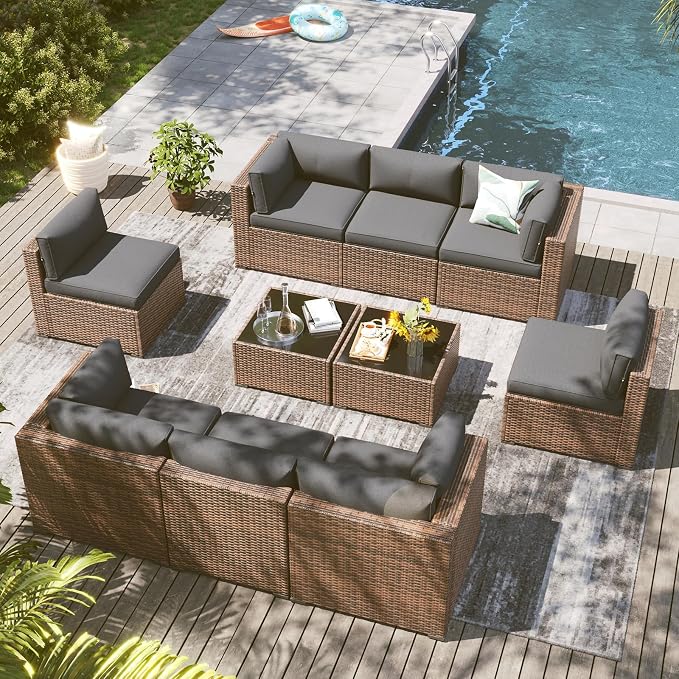 LazySunsets 10 Piece Outdoor Patio Furniture Set with Coffee Table, Outdoor Patio Furniture Sets with 4'' Thicken Cushion, Wicker Rattan Outdoor Conversation Set for Backyard, Grey