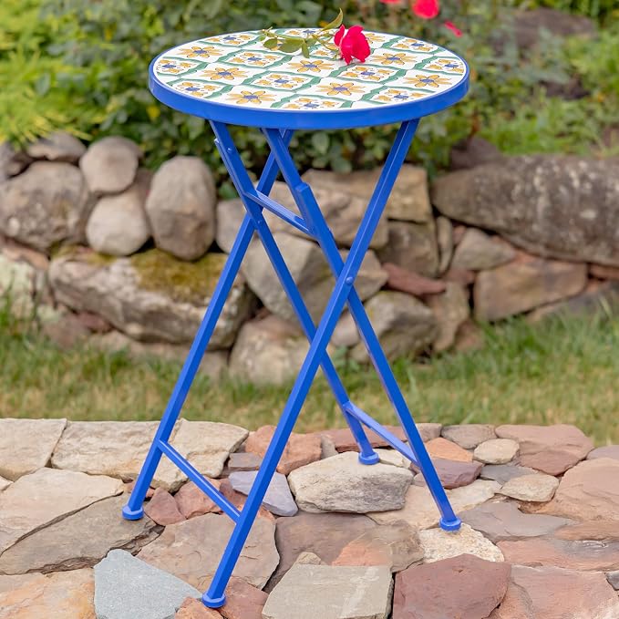 Mosaic Tile Furniture with Blue Metal Frame and Patterned Tile Tops (Nantucket - Blue/Green/Yellow, Folding Accent Table)