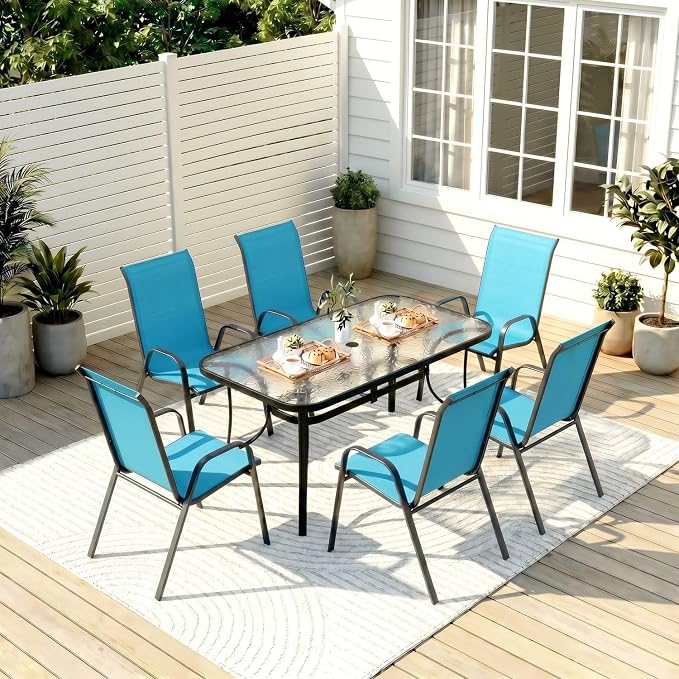 TLSUNNY Patio Dining Set for 6, Outdoor Table and Chairs W/1.69″ Umbrella Hole, 30"X 55" Table and Stackable Textilene Chair, All Weather Patio Furniture Set (Black Table & Sky Blue Chair)