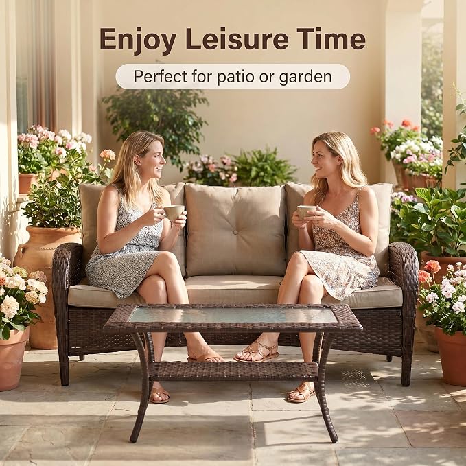 YLGJ&TIDY Outdoor Furniture 2PCS Set All-Weather Brown Wicker Patio Conversation Set 3 Seater Rattan Sofa Glass Coffee Table for Garden Backyard Porch Balcony w/Thick Cushions (Khaki,2PCS Sofa/Table)