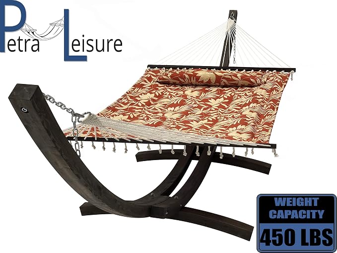 14 Ft. Wooden Arc Hammock Stand + Deluxe Quilted Double Padded Hammock Bed w/Pillow. 2 Person Bed. 450 LB Capacity(Coffee Stain/Elegant Floral)