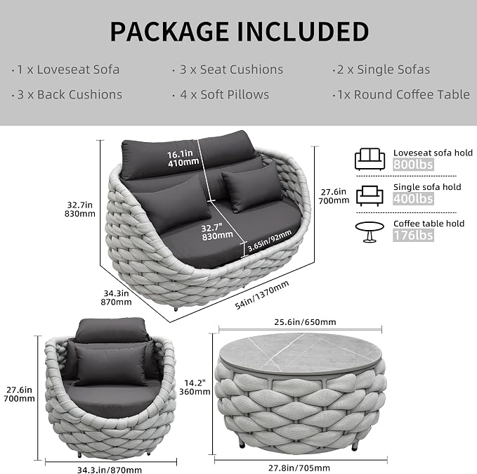 TWT Patio Furniture Set 4 Pieces Aluminum Outdoor Furniture w/27.8in Coffee Table,Patio Conversation Set with Hand Woven Polyester Rope for Backyard Garden Poolside,Gray