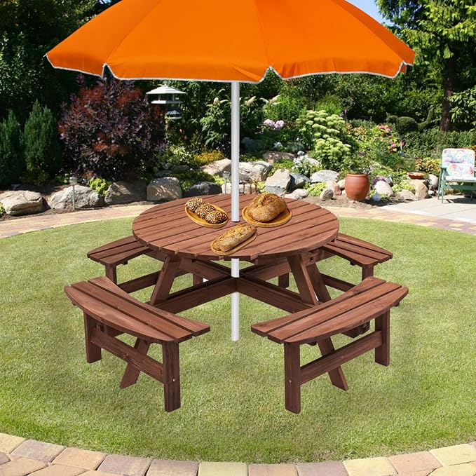 SSLine 8-Person Solid Wood Picnic Table Outdoor Round Picnic Table and Bench Set with Umbrella Hole Outside Wooden Table and Chairs Set for Patio Backyard Garden Lawn (Dark Brown)