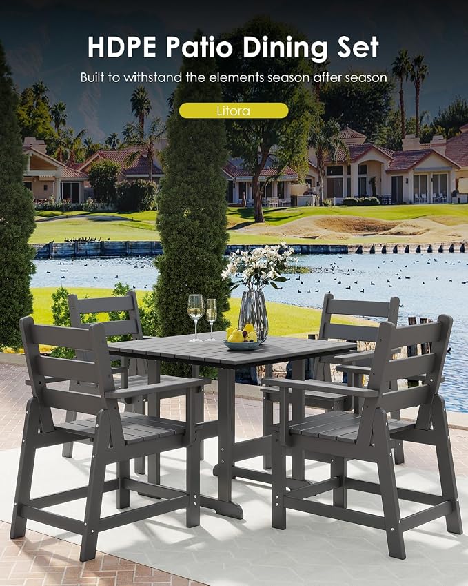 GREENVINES 5-Piece-Outdoor-Dining-Set | HDPE | Square | Patio Furniture | All Weather | Removable Armrests | Slatted Table and Chairs Sets for 4 | for Backyard Poolside Garden | Grey