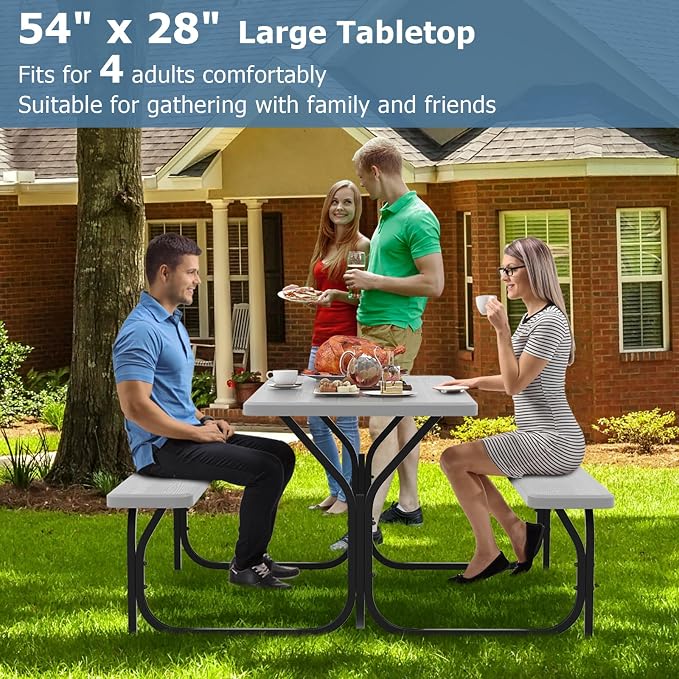 LDAILY Picnic Tables, Rectangular Picnic Table with Steel Frame, 2 Benches Set, HDPE Tabletop, Plastic Picnic Table for Outdoor, Camping, Patio, Lawn, Yard, Picnic Parties (Gray)